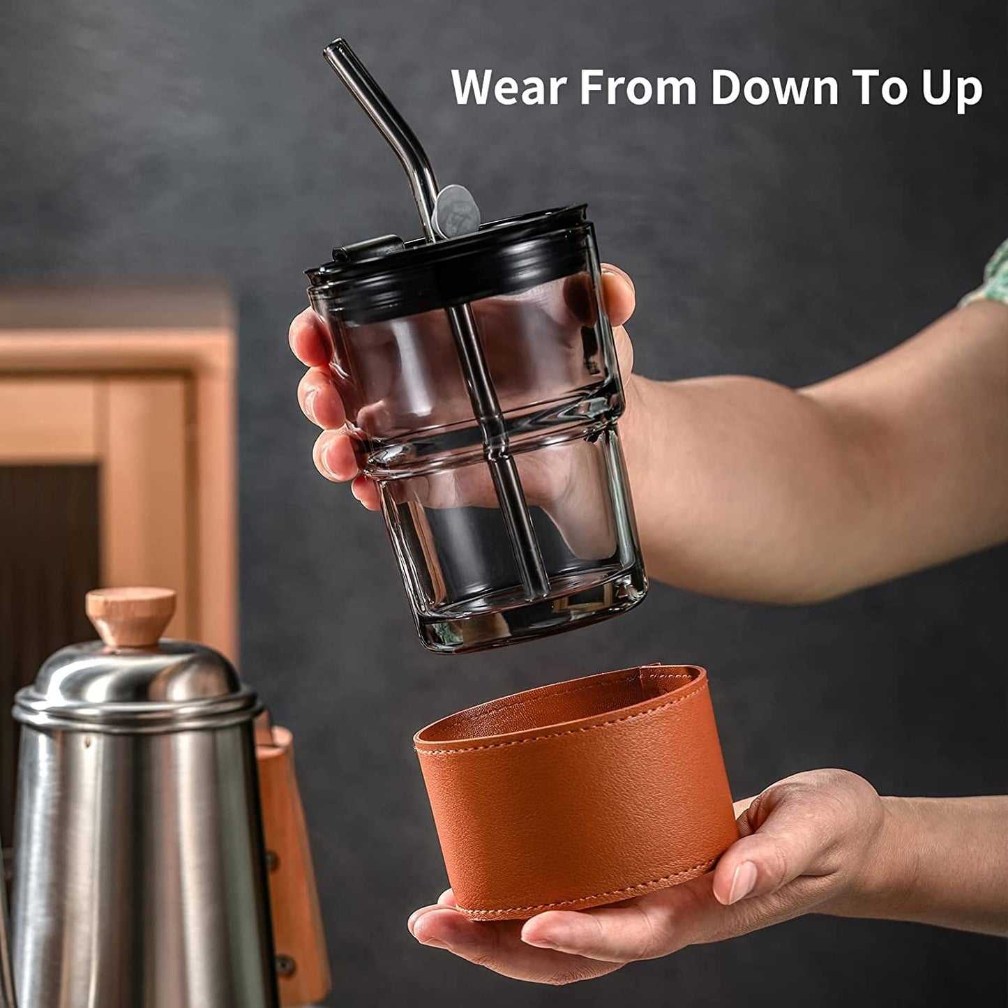 Lyonara Reusable Sipper Coffee Mug with Leather Sleeve