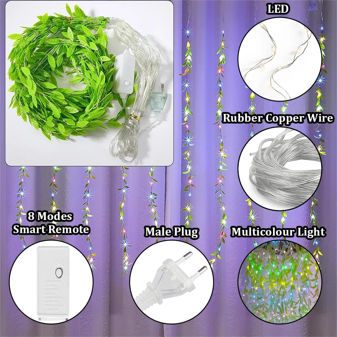 Lyonara Artificial Leaf Curtain LED String Light, 200 LEDs (10x3Feet, Green Color)