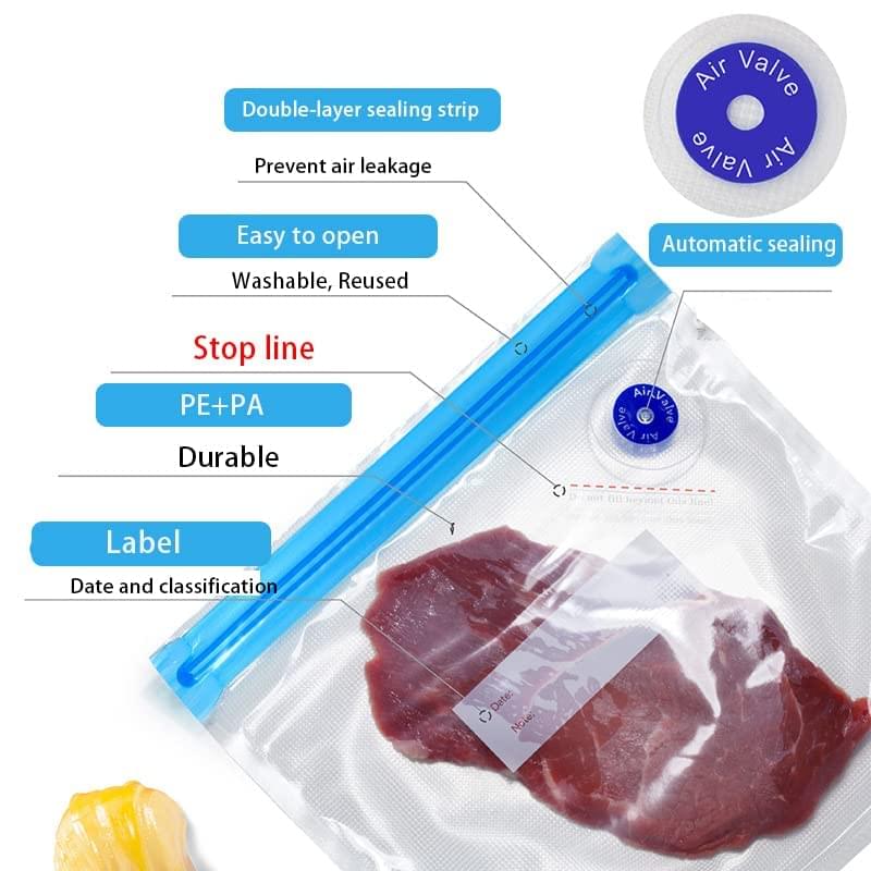 Food Vacuum Bags Pack of 10 Reusable Compression Food Sealer Bags with 1 Pump for Food, Vegetables, Fruits,etc (Includes 1 Hand Pump, Pack of 5 Medium (26 x 28 cm), 5 Large (30 x 34 cm))