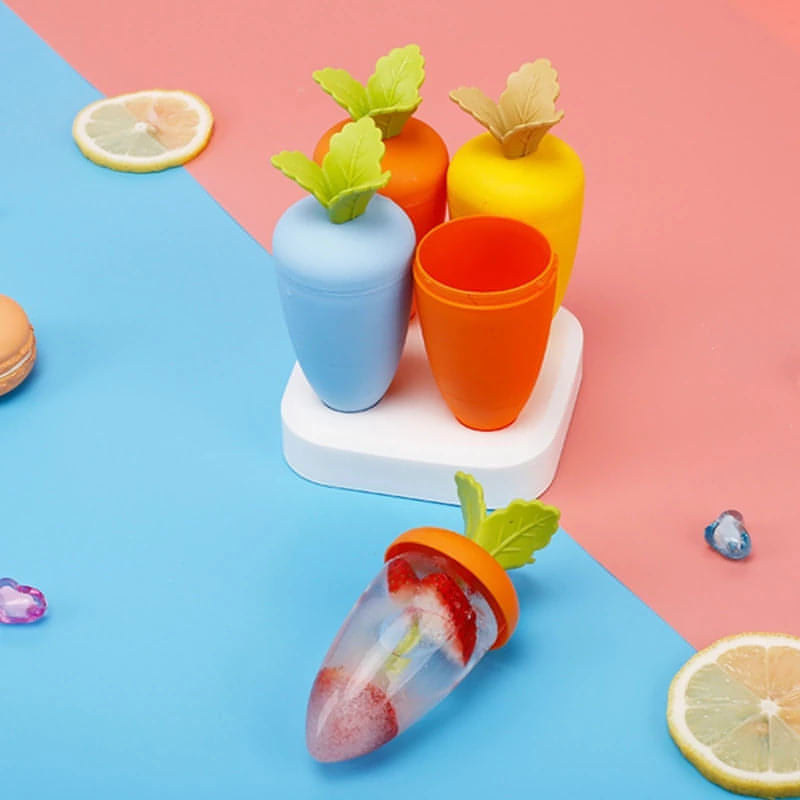 Cute Carrot Reusable Ice Cream Mold Plastic Convenient to Hold for Kids Gift perfect for ice cream or ice fruit popsicles (Pack of 1, 4 Popsicles, Multicolor)