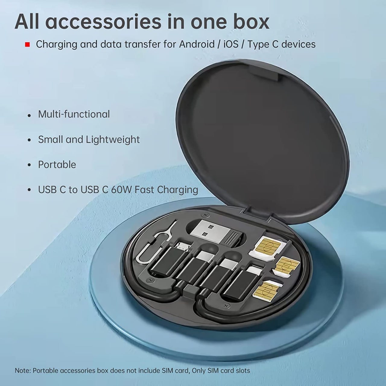 All in One Cable Travel Set with Connectors, Sim Card Ejector Pin and Sim Slots