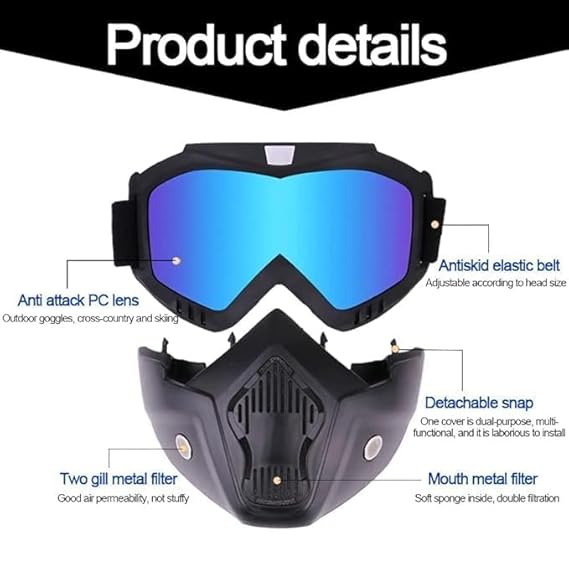 Lyonara Motorcycle Goggle mask Anti Scratch UV Protective Face Mask, Bike Riding Goggles Mask With Detachable Face Mask, Adjustable Elastic Strap Goggles Mask For Helmet - Rainbow Visor