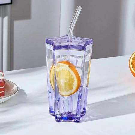 Lyonara Sipper Star Shape Mug 400ML.Sky Blue Creative 400ml Five-Pointed Star with Lid Glass Student Household Straw Star Water Glass Multi Color