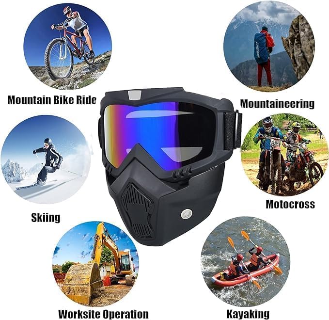 Lyonara Motorcycle Goggle mask Anti Scratch UV Protective Face Mask, Bike Riding Goggles Mask With Detachable Face Mask, Adjustable Elastic Strap Goggles Mask For Helmet - Rainbow Visor