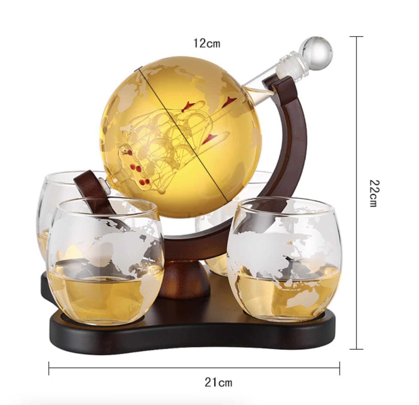 Lyonara Premium Globe Decanter (850ML) Set | Set of 4 Globe Glasses (300ML) | Antique Ship| Mahogany Wood Holder Tray | for Whiskey, Wine, Bourbon, Scotch and More