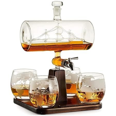 Lyonara Whiskey Decanter With Antique Ship - Ship Decanter Set With 4 Globe Glasses, Drink Dispenser For Wine, Whiskey Decan, Liquor Decanter, Scotch, Rum And Liquor Or Spirits 850Ml