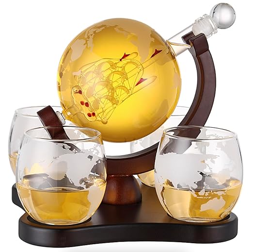 Lyonara Premium Globe Decanter (850ML) Set | Set of 4 Globe Glasses (300ML) | Antique Ship| Mahogany Wood Holder Tray | for Whiskey, Wine, Bourbon, Scotch and More