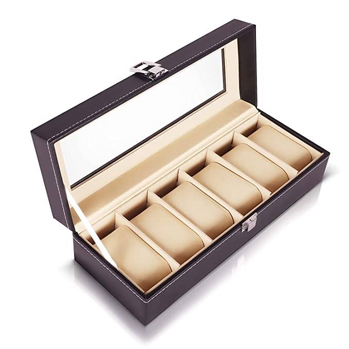 Elegance Unboxed: 6-Slot Faux Leather Watch Display Case with Glass Window