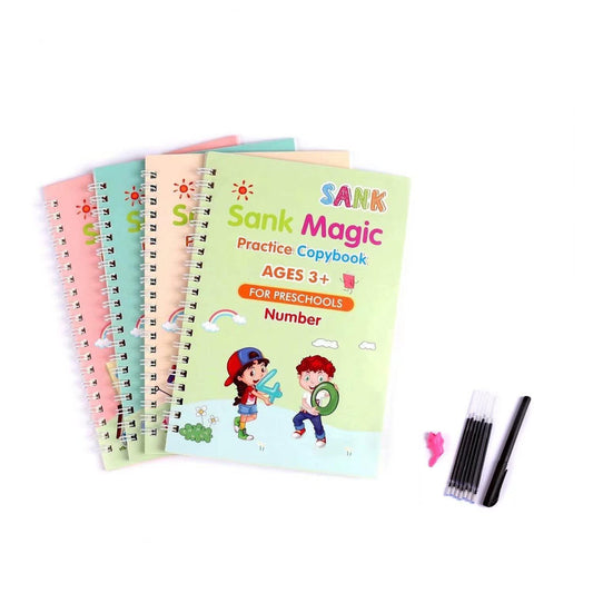 Sank Magic Practice Copybook, Number Tracing Book for Preschoolers with Pen, Magic Calligraphy Copybook Set Practical Reusable Writing Tool Simple Hand Lettering (4 BOOKS [Number, Alphabet, Drawing, Math] + 10 REFILLS and 1 Pen Holder)