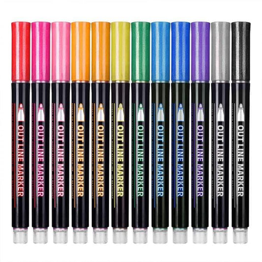 Outline Pens, Shimmer, Self Outline Metallic Pens for Greeting Cards, Drawing, Craft, Projects, Posters, Painting, Kid and Self Journal for Kids and Adults (Pack of 12 pens)