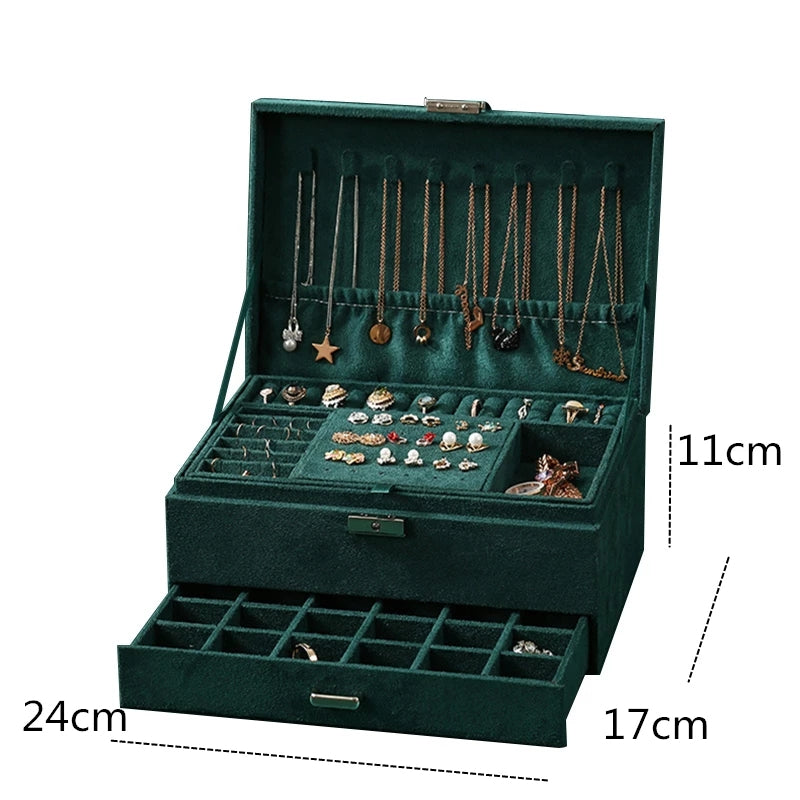 Luxury Jewelry Organizer with Drawer and Lock: 3-Layer Velvet Storage Box for Rings, Necklaces, and Earrings