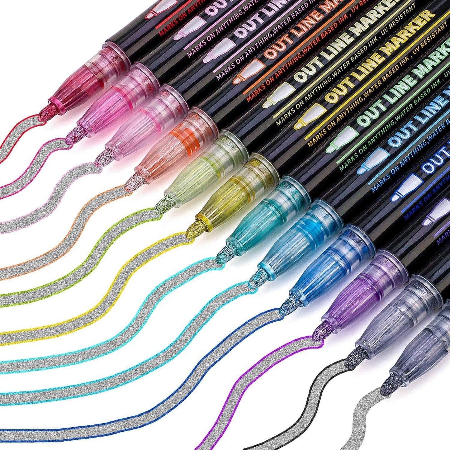 Outline Pens, Shimmer, Self Outline Metallic Pens for Greeting Cards, Drawing, Craft, Projects, Posters, Painting, Kid and Self Journal for Kids and Adults (Pack of 12 pens)