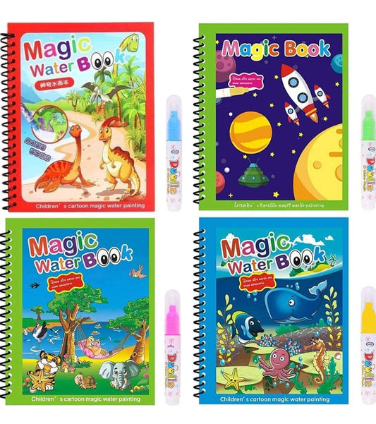 Kid's Magic Water Coloring Books Unlimited Fun with Drawing Reusable Water-Reveal Activity Pad, Chunky-Size Water Pen for Kids [Pack of 4 books and 4 pens]