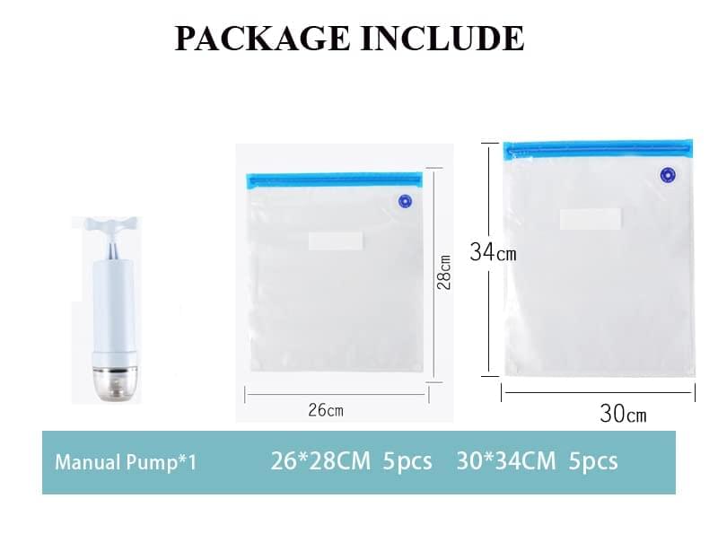 Food Vacuum Bags Pack of 10 Reusable Compression Food Sealer Bags with 1 Pump for Food, Vegetables, Fruits,etc (Includes 1 Hand Pump, Pack of 5 Medium (26 x 28 cm), 5 Large (30 x 34 cm))