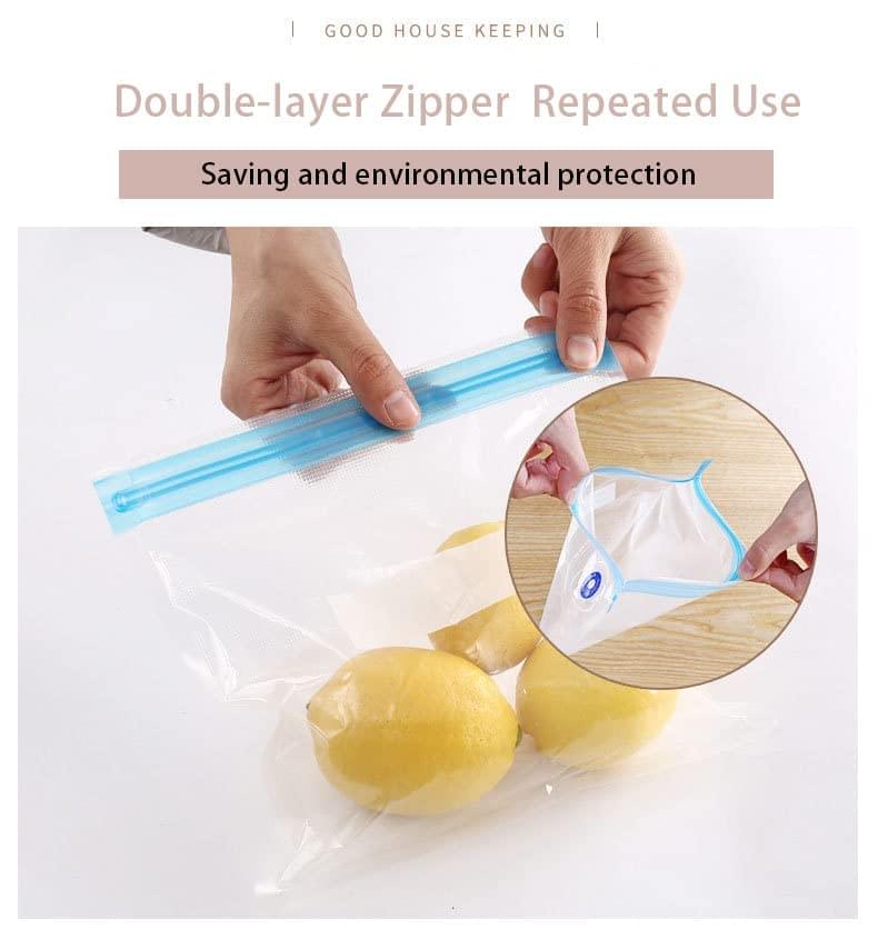 Food Vacuum Bags Pack of 10 Reusable Compression Food Sealer Bags with 1 Pump for Food, Vegetables, Fruits,etc (Includes 1 Hand Pump, Pack of 5 Medium (26 x 28 cm), 5 Large (30 x 34 cm))