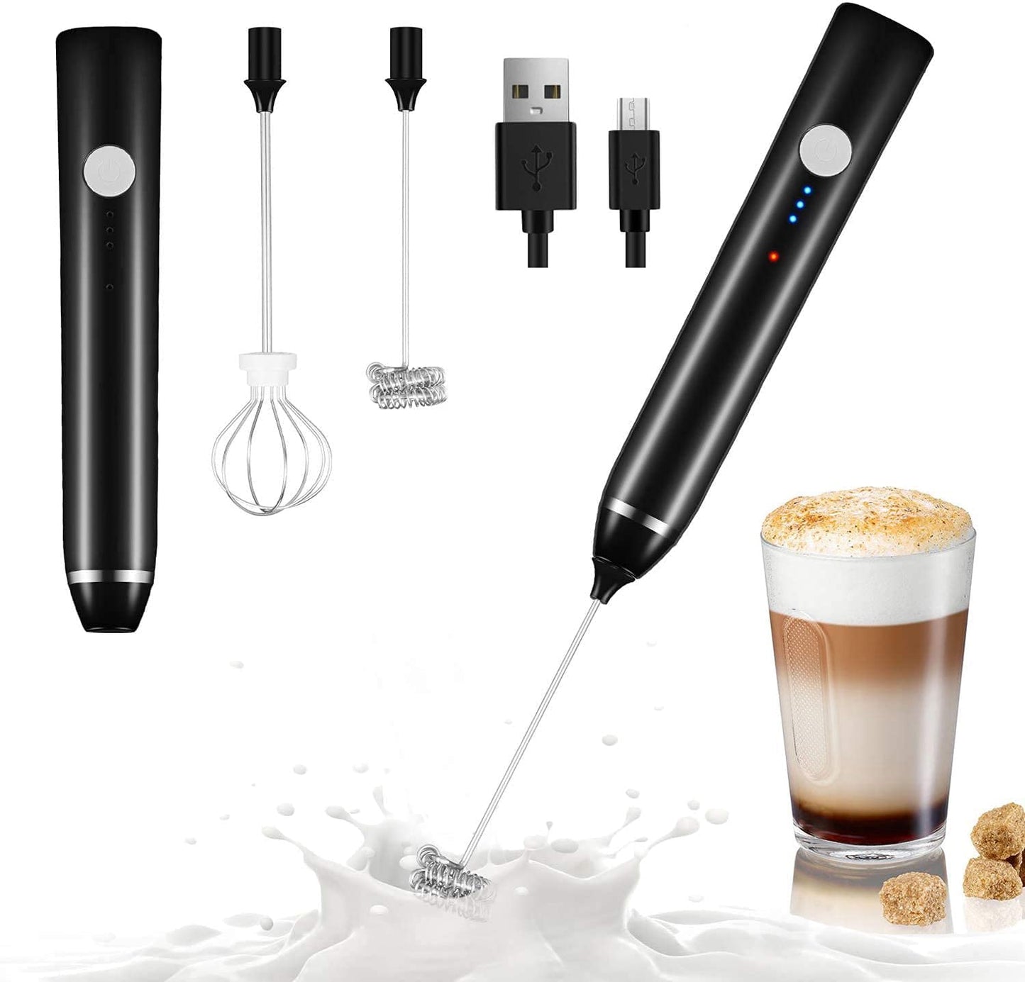 Milk Frother Handheld USB Rechargeable Electric Foam Maker for Coffee, Cappuccino, Egg Mix, 2 Whisks for Coffee