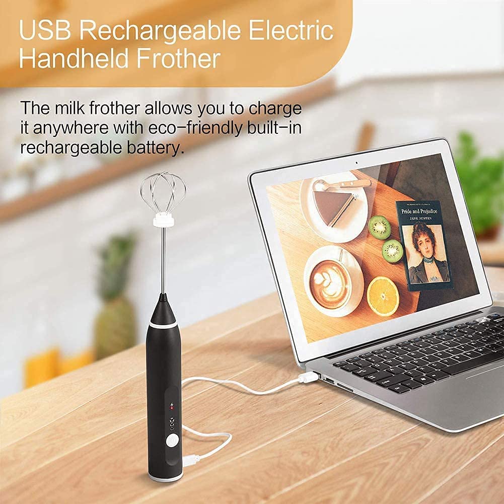 Milk Frother Handheld USB Rechargeable Electric Foam Maker for Coffee, Cappuccino, Egg Mix, 2 Whisks for Coffee