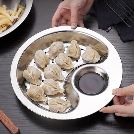 Stainless Steel Dumpling Plate Fruit Dish Drainer Set Stainless Steel Double Layers Bowl with Vinegar DISC