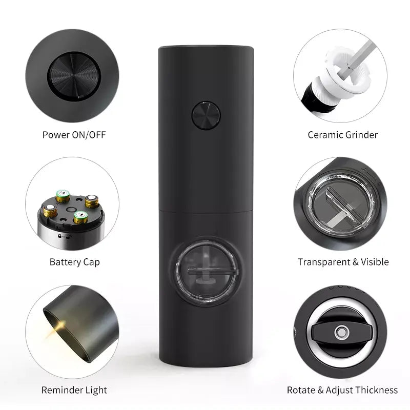 Electric Pepper Grinder Battery Operated with Automatic LED Light, Adjustable Coarseness